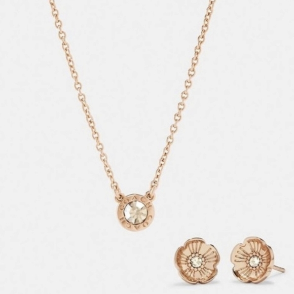 New COACH Open Circle Necklace And Tea Rose Stud Earrings Set Gold Pouch - Picture 6 of 6